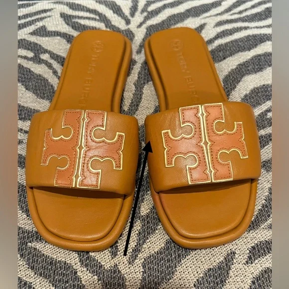Tory Burch Tan Sport Leather Slides with Gold Detailing Double T size 7 - Picture 10 of 12